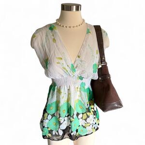 Body‎ Central Y2K Green White Floral Smocked Waist Babydoll Top Small